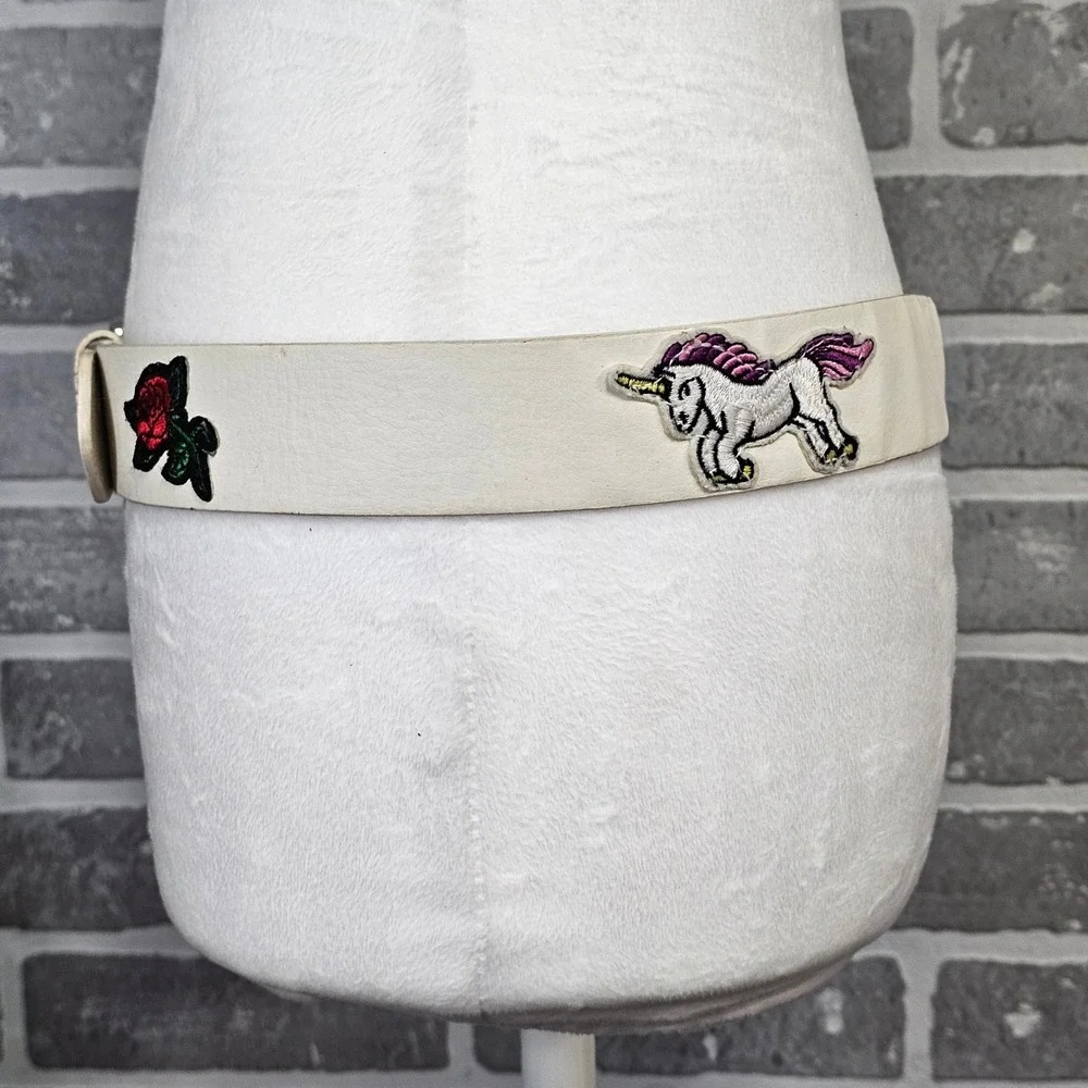 Y2K Coquette Novelty Patch White Belt Unicorn‎ Rainbow Indie Kitsch Women's S/M